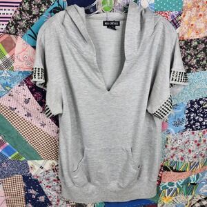 Miss Chievous Rhinestone Hoodie Tunic Top Short Sleeve Gray Large